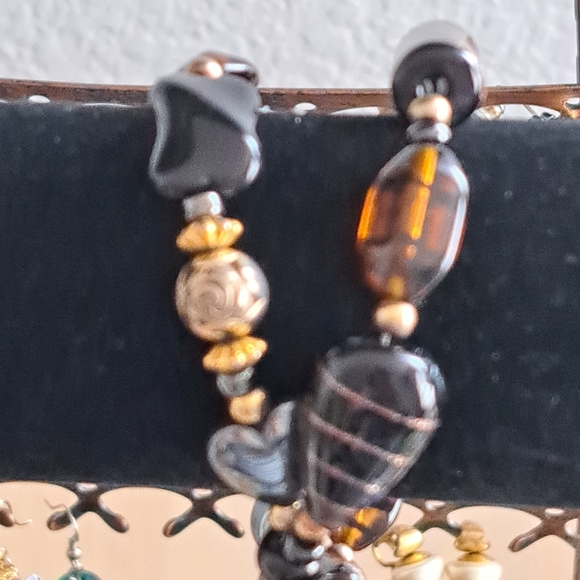 Black & Amber Art Glass, Golden and Hematite Charm Double Strand Beaded Bracelet - Picture 5 of 12